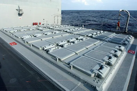 At sea aboard USS San Jacinto (CG 56) Mar. 3, 2003 -- A topside view of the forward MK-41 Vertical Launching System (VLS) aboard the guided missile cruiser. The MK 41 is a fixed, vertical, multi-missile storage and firing system that allows Navy vessels significantly increased firepower. San Jacinto is on deployment in support of Operation Enduring Freedom. U.S. Navy photo by Photographer's Mate 1st Class Michael W. Pendergrass. (RELEASED)