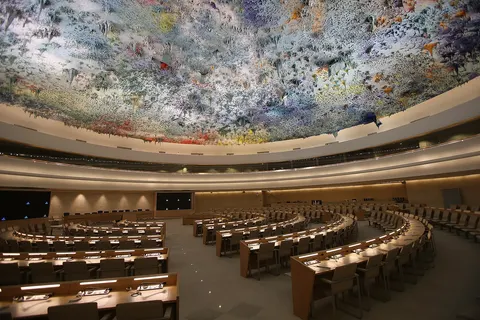 Human Rights and Alliance of Civilizations Room of the Palace of Nations , Geneva (Switzerland). It is the meeting room of the United Nations Human Rights Council .