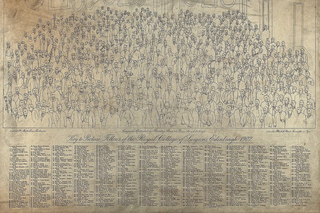 Key to the Fellows of the Royal College of Surgeons. Print by Barclays Bros. (pub.), 1902. Iconographic Collections Keywords: portrait prints