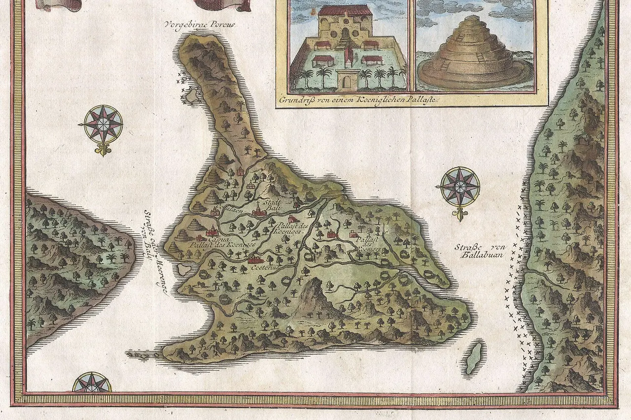 An extremely attractive little map of Bali, Indonesia, by French cartographer J. Nicholas Bellin. Depicts the island oriented to the south. Offers wonderful detail of the inland rivers and villages. Upper right quadrant features an inset of the Royal Palace and a Balinese temple. Two and a half compass roses decorate the image. The island of Java is shown to the right and Lombok to the left. The upper left quadrant features a banner style title cartouche. Most likely prepared for the Dutch edition of Antoine François Prévost’s L'Histoire Generale des Voyages .