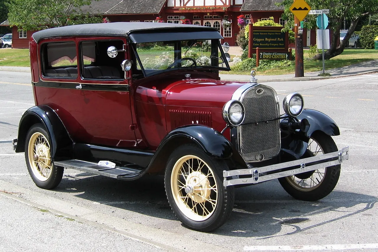 A 1928 Model A Ford in front of Bowen Island Public Library, owned by Dan C. of Bowen Island.