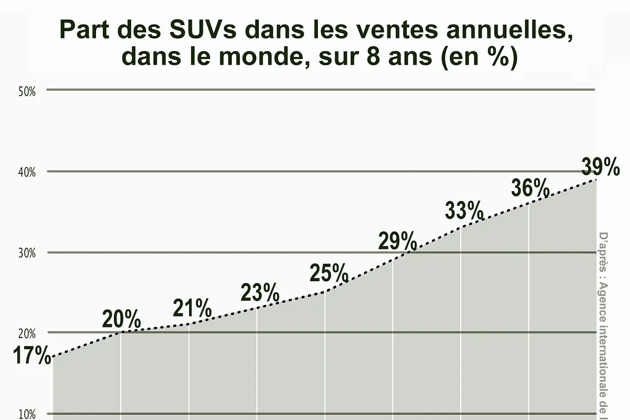 En 2019 le directeur de l'Agence internationale de l'énergie (AIE) alerte sur le fait que de 2010 à 2018 les SUV ont été la seconde source d'augmentation des émissions de dioxyde de carbone (CO2) dans le monde. Et la tendance est à l'aggravation : alors qu'en 2010, 18% des voitures vendues dans le monde étaient des SUV, en 2018 ils ont constitué plus de 40% des vente4. Après le secteur de l'énergie, mais avant l'industrie lourde (= aciéries + cimenteries + usines d'Aluminium + industrie chimique + Industrie du papier), et avant les poids lourds ou l'aviation, les 200 millions de SUV qui roulaient en 2018 dans le monde (contre 35 millions en 2010) sont devenus la seconde source de GES. Par exemple, les SUV en circulation ont émis en 2018 plus de deux fois plus de CO2 que la totalité des avions5. Ils expliquent à eux-seuls la demande supplémntaire de pétrole issue de l'automobile de 2010 à 2018, effaçant le bénéfice des efforts faits pour rendre les voitures plus petites et plus sobres ou électrique4. Au rythme des 8 dernières années, si la la mode des SUV se poursuit : près de 2 millions de barils/jour de plus seront à extraire de 2019 à 2040, annulant totalement les économies d'émissions de gaz à effet de serre attendues de 150 millions de voitures électriques