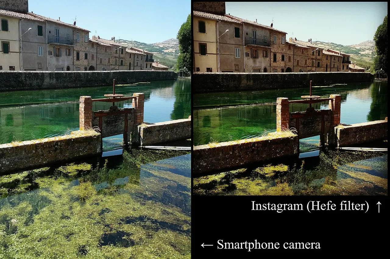 La Peschiera in Santa Fiora, Italy: with and without the Instagram Hefe filter.