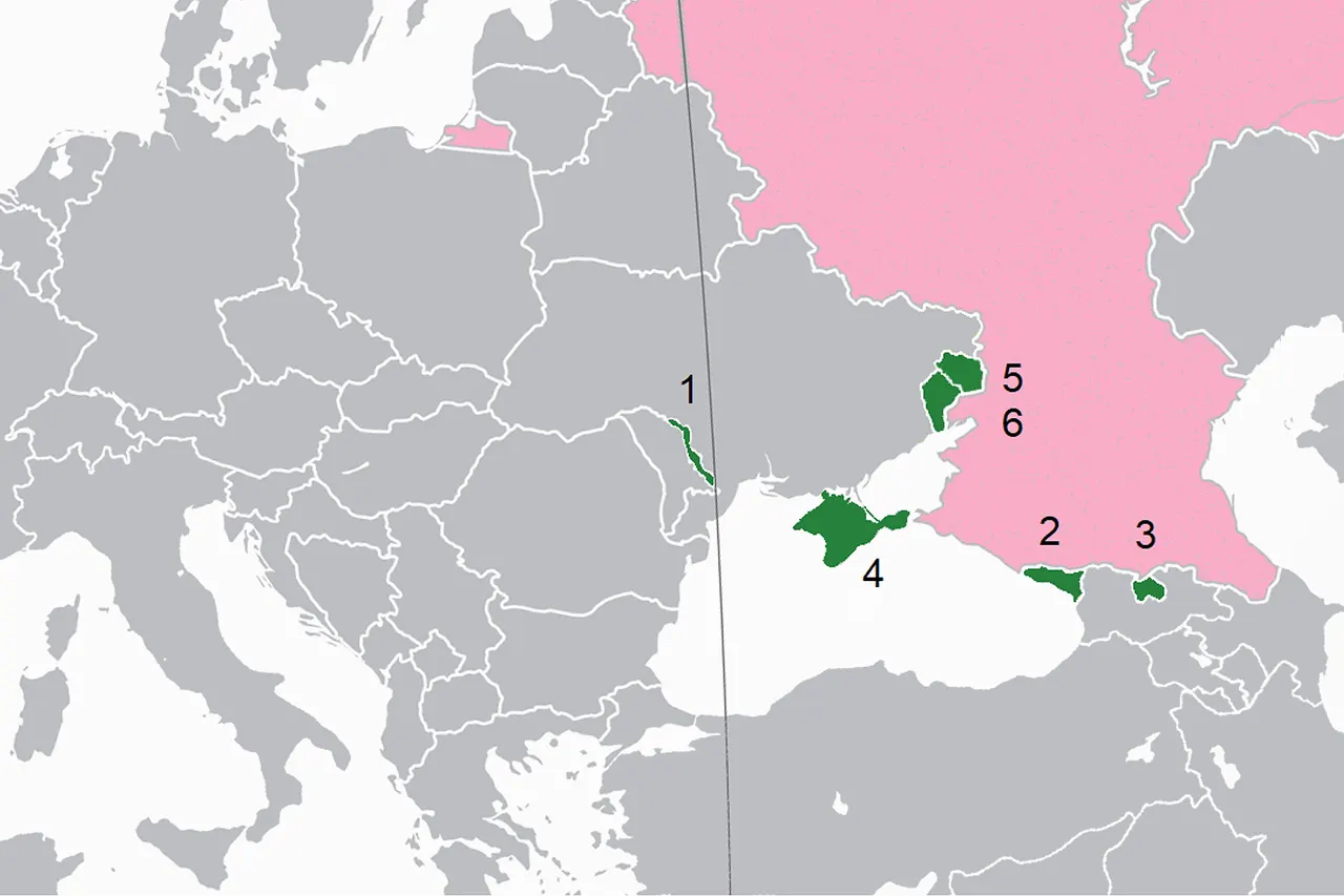 Territories occupied by Russia since the fall of the Soviet Union. 1: Transnistria (1990), 2: Abkhazia (2008), 3: South Ossetia (2008), 4: Crimea (2014), 5: Luhansk (2014), 6: Donetsk (2014)