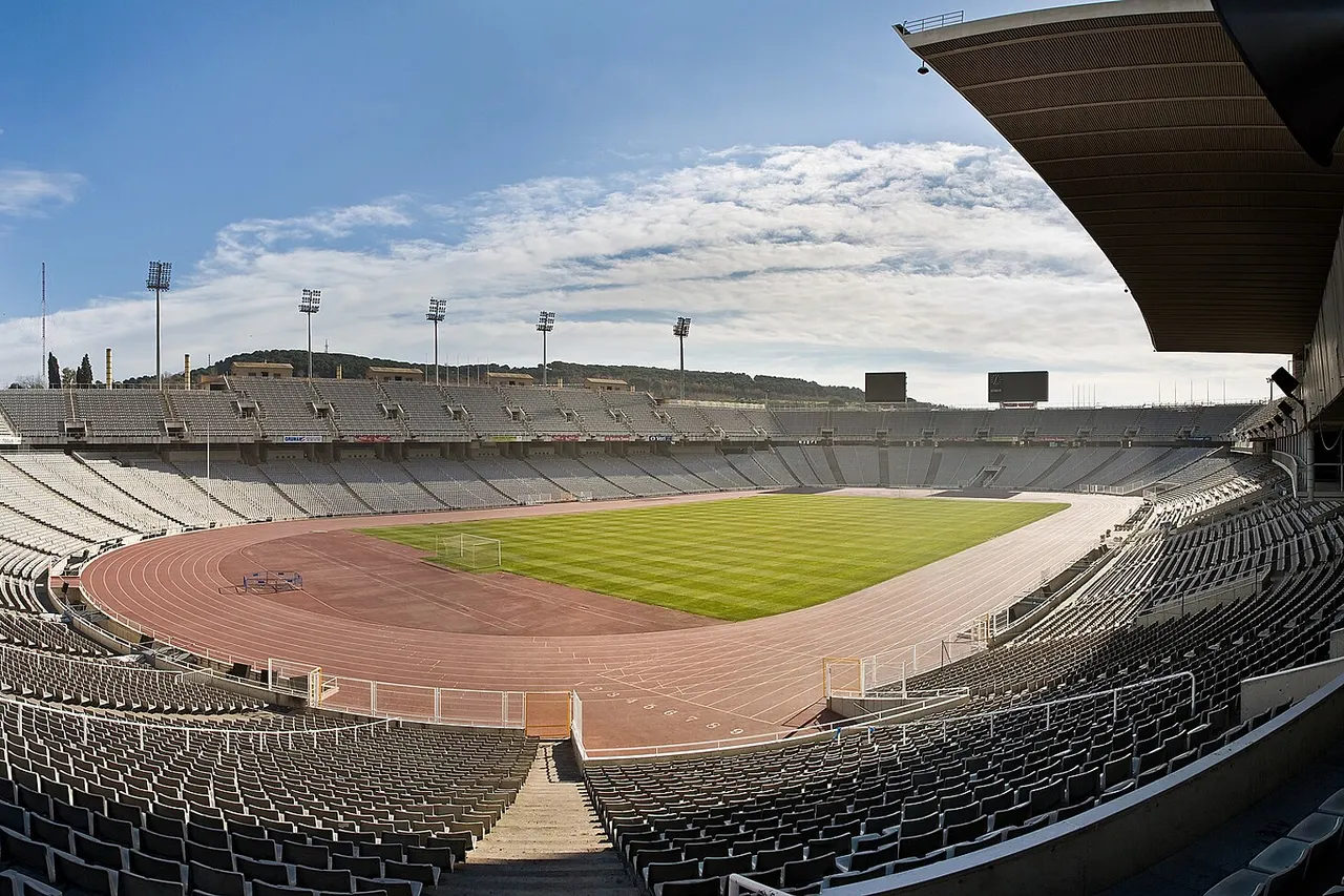 A four segment panoramic image of the Estadi Olímpic Lluís Companys in Barcelona, Spain. Taken by myself with a Canon 5D and 24-105mm f/4L lens.