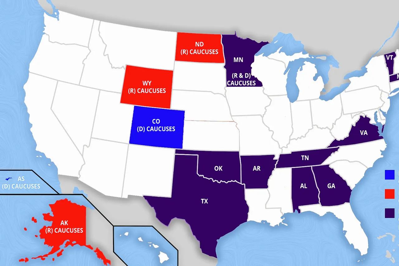 States participating in Super Tuesday Presidential primaries or caucuses on March 1, 2016 include: Alabama, Alaska Republican caucuses, American Samoa Democratic Caucuses, Arkansas, Colorado Democratic Caucuses, Democrats Abroad, Georgia, Massachusetts, Minnesota caucuses, North Dakota Republican caucuses, Oklahoma, Tennessee, Texas, Vermont, Virginia, and Wyoming Republican caucuses. This is according to information available through various sources including state party websites as of February 2, 2016. Please leave a comment if you think I have any states labeled incorrectly or if you know of changes. This version has no title. Use this map as you wish, but keep in mind that the boundary lines are not precise. This map was adapted form an image in the public domain available via Wikimedia .