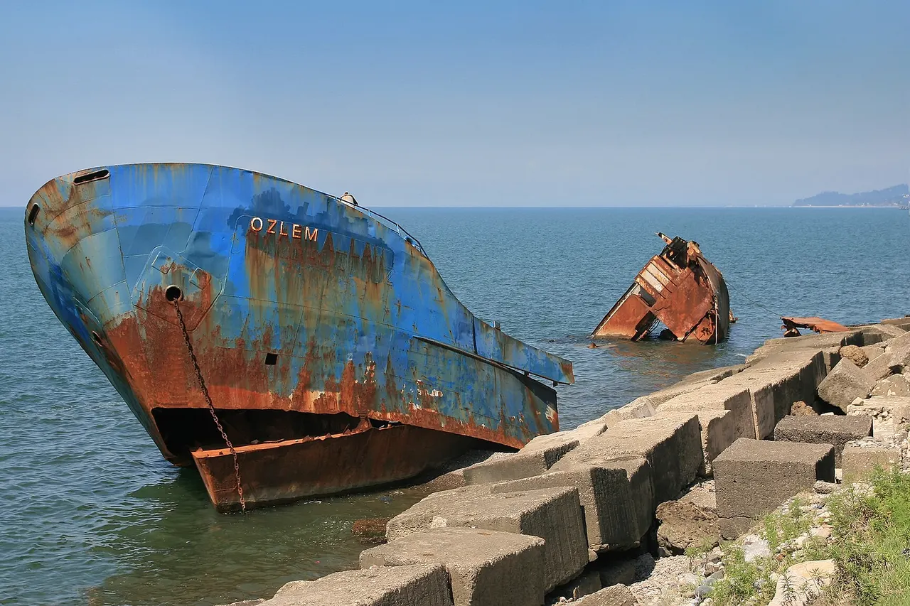Description: The Shipwreck Ozlem at Black Sea coast laying north of Batumi , Georgia