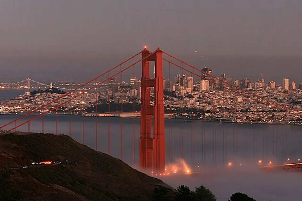 Low fog at the Bay Bridge, Golden Gate Bridge, and San Francisco.