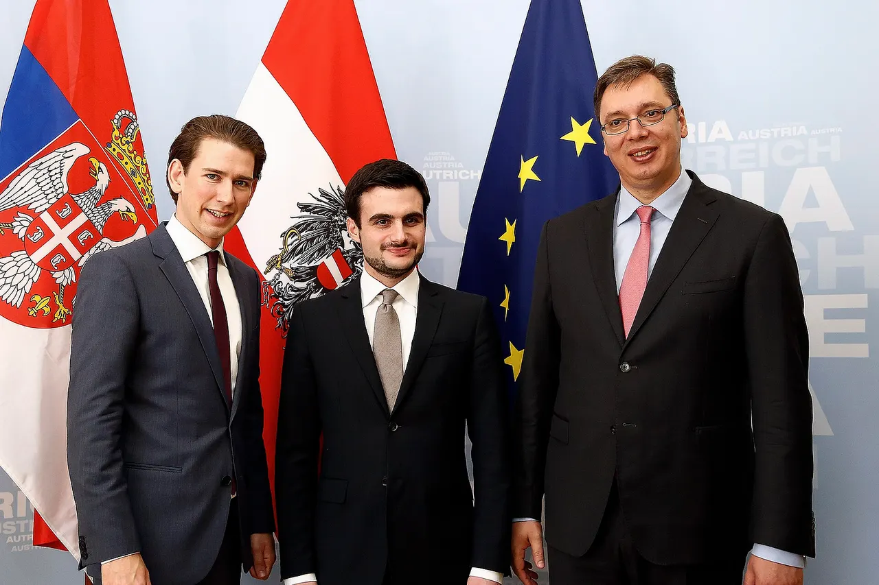 Austrian foreign minister Sebastian Kurz (left) meets Serbian prime minister Aleksandar Vučić (right) and Serbian finance minister Lazar Krstić. Vienna, June 4, 2014
