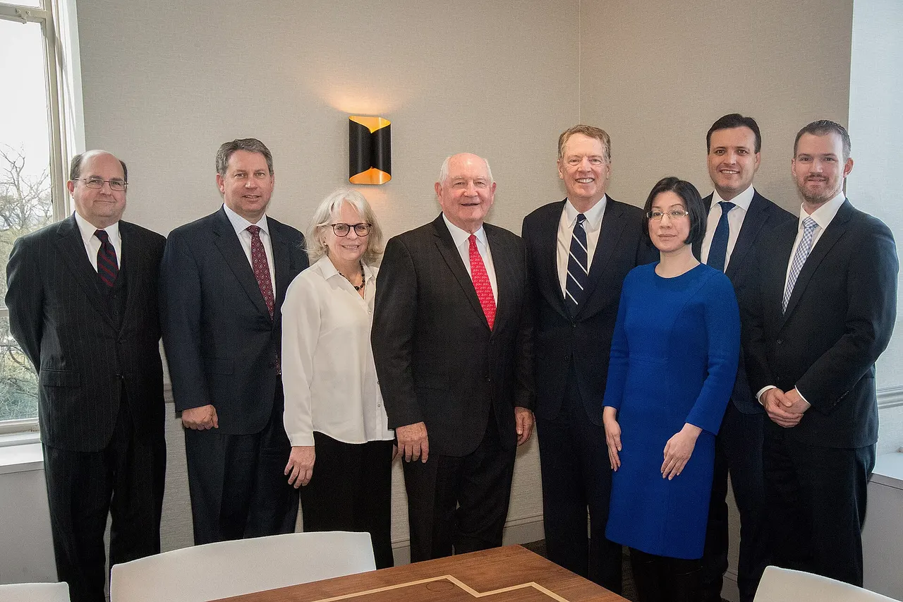 U.S. Department of Agriculture (USDA) Secretary Sonny Perdue meets with U.S. Trade Representative (USTR) Robert E. Lighthizer, in Washington, D.C., on Dec 17, 2018. Supporting Secretary Perdue are Under Secretary for Trade and Foreign Agricultural Affairs Ted McKinney, Chief of Staff Ray Starling, and USDA Foreign Agricultural Service (FAS) Administrator Ken Isley. Supporting U.S. Trade Representative Robert E. Lighthizer are Deputy US Trade Representative Ambassador CJ Mahoney, Chief Agricultural Negotiator Ambassador Gregg Doud, Jamieson Greer, Chief of Staff to the US Rep, Stephen Vaughn (General Counsel), Sharon Bomer, and Leslie Yang. USDA Photo by Tomasina Brown.