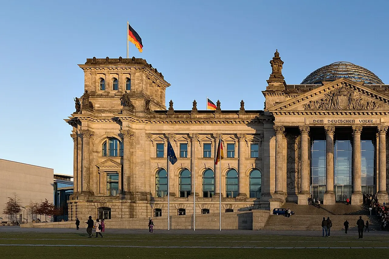 Reichstag building seen from the west, before sunset.