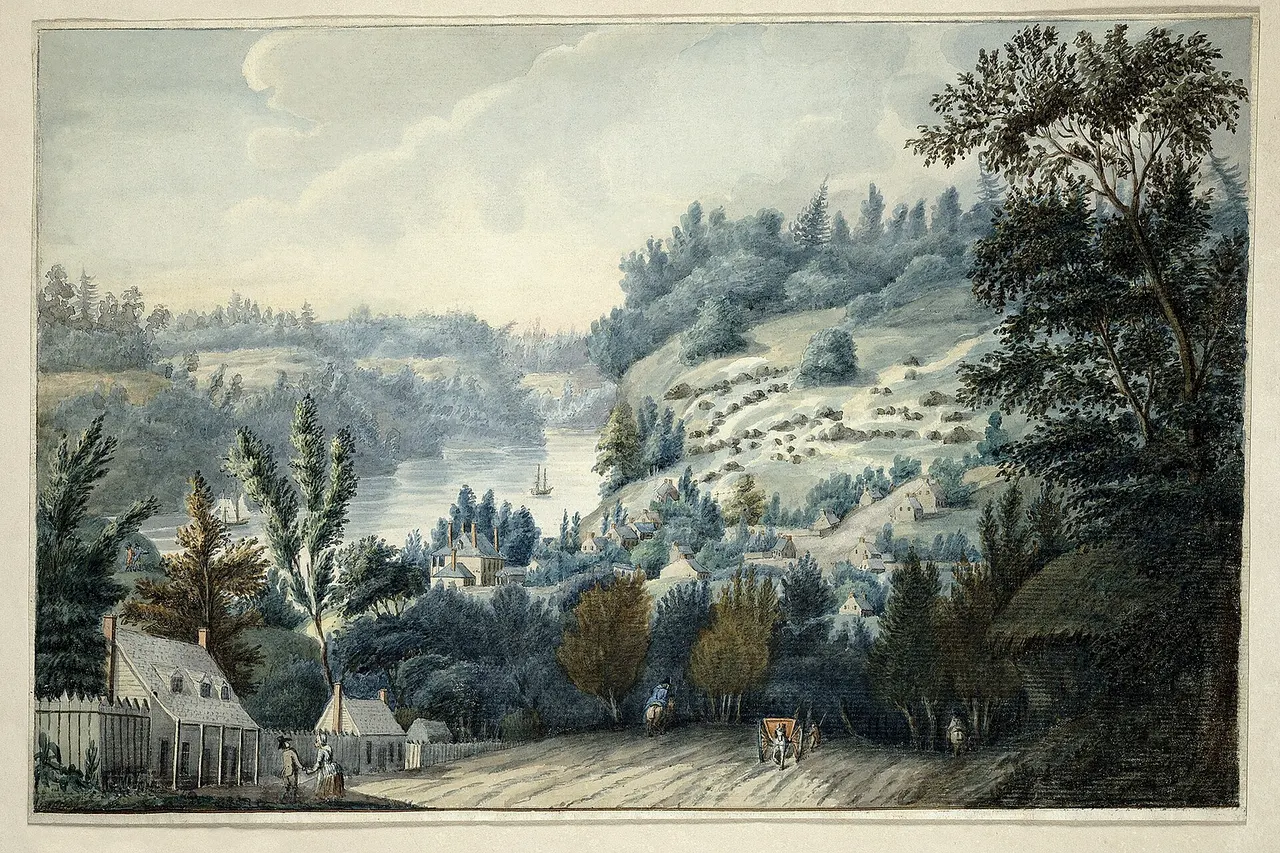 "Queenstown, Upper Canada on the Niagara" [Now known as Queenston, Ontario] by Edward Walsh. Image dates from between 1803 and 1807.